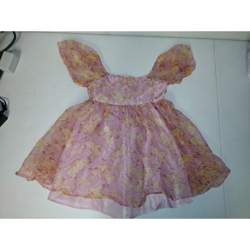 Pokemon Pikachu Pink Puff Sleeve Sheer Overlay Dress Kids Size Small 6/7